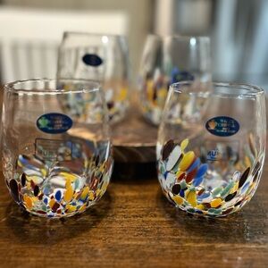 Murano White Crystal Confetti Stemless Wine Glasses Blown Italy Set Of 4 Four